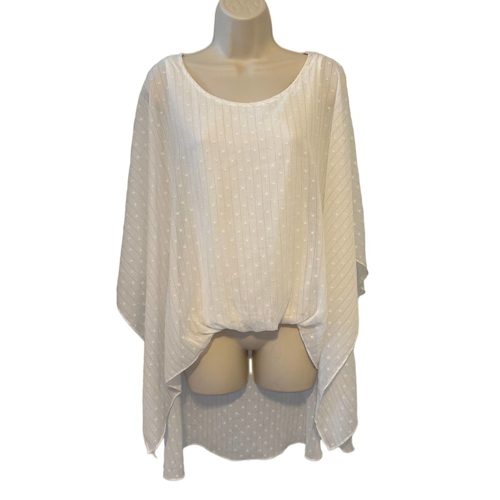 Glam White Swiss Dot Metallic Stripe High Low Poncho Overlay Blouse Top M